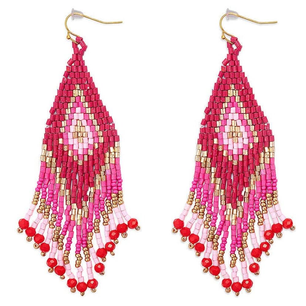 Lifesong Beaded Fringe Drop Earrings Scarlet Pink Gold